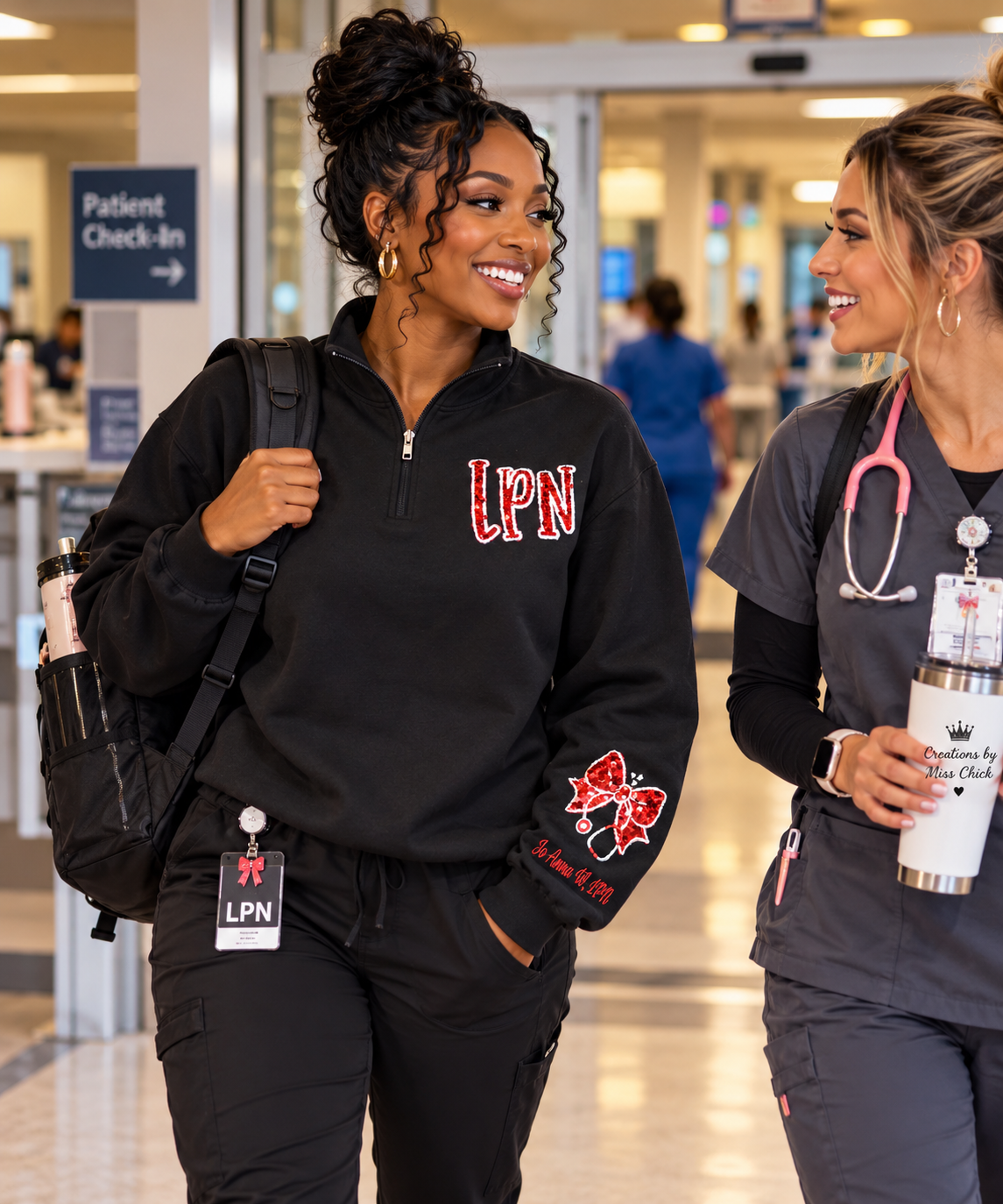 Nurse wearing LPN black quarter zip while arriving at hospital