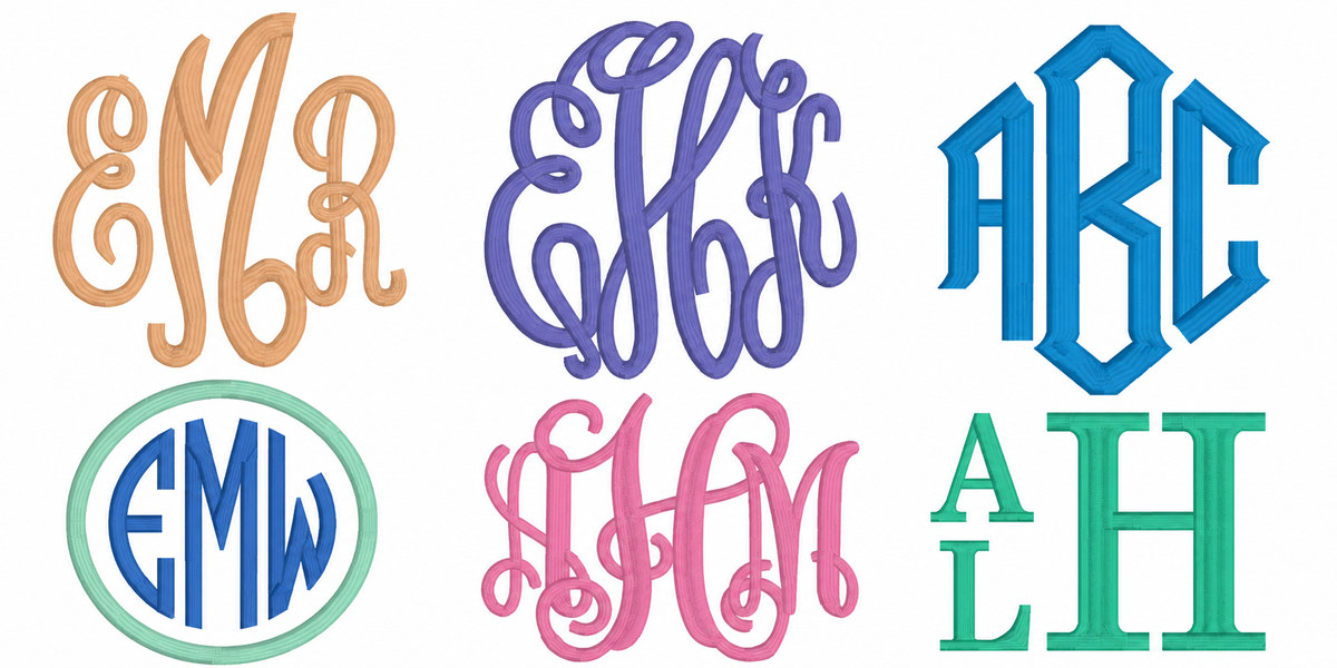 Six embroidered monogram font samples