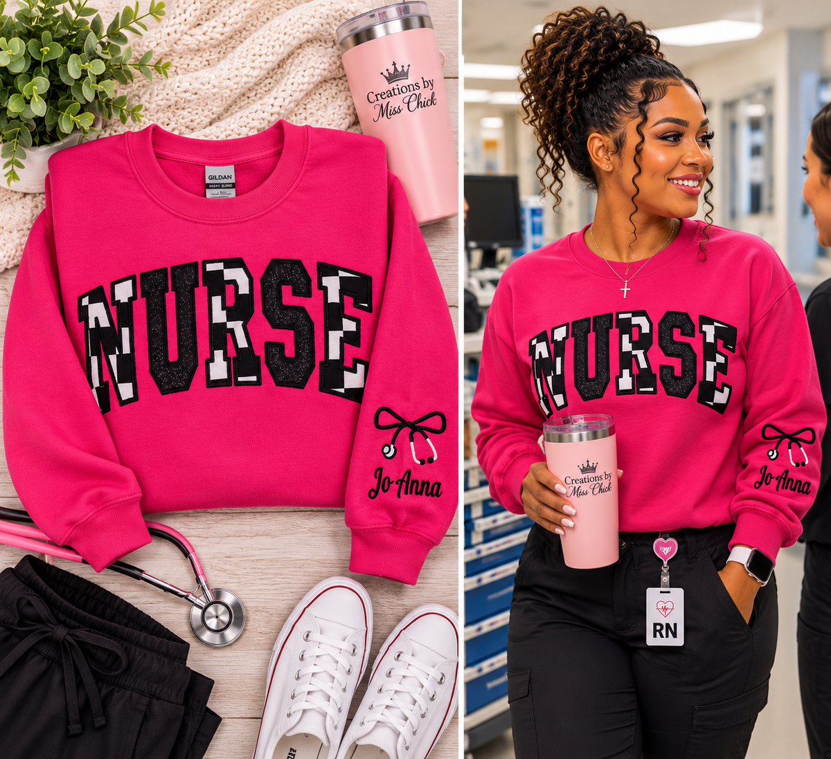 Personalized hot pink NURSE appliqué sweatshirt flat lay and modeled by nurse