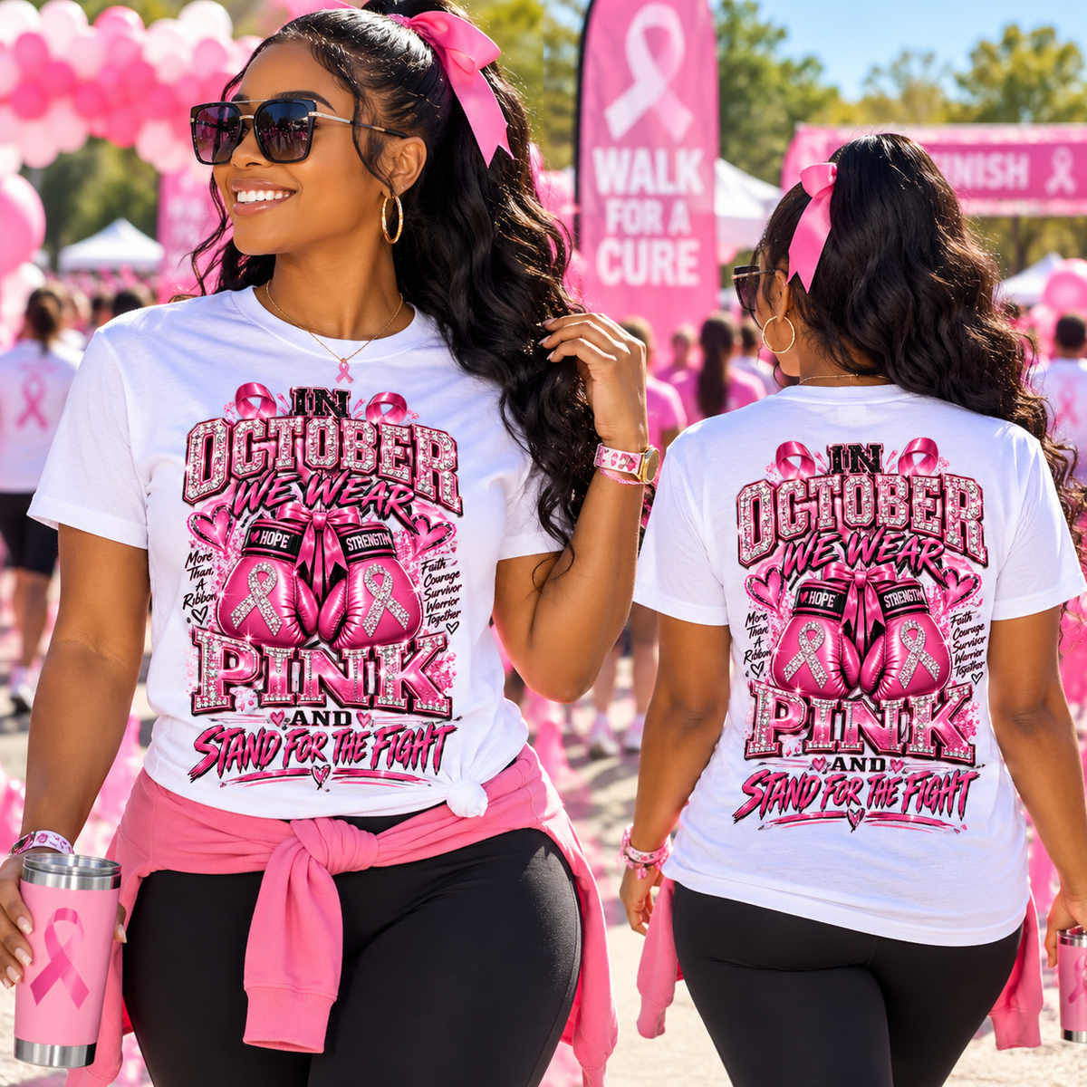 White breast cancer awareness shirt at a sunny walk, front and back mockup
