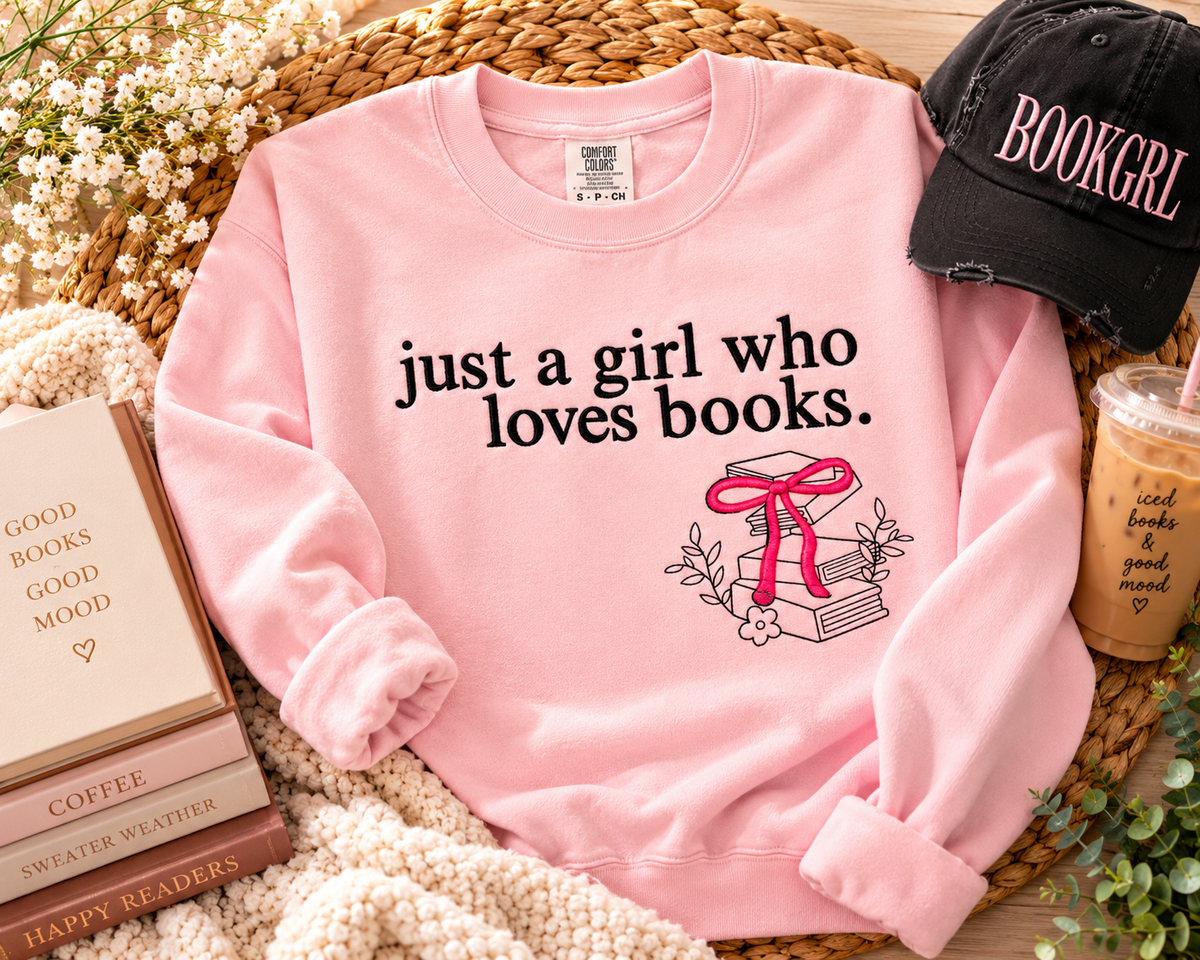 Cozy book lover sweatshirt with books and coffee