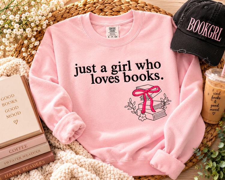Cozy book lover sweatshirt with books and coffee