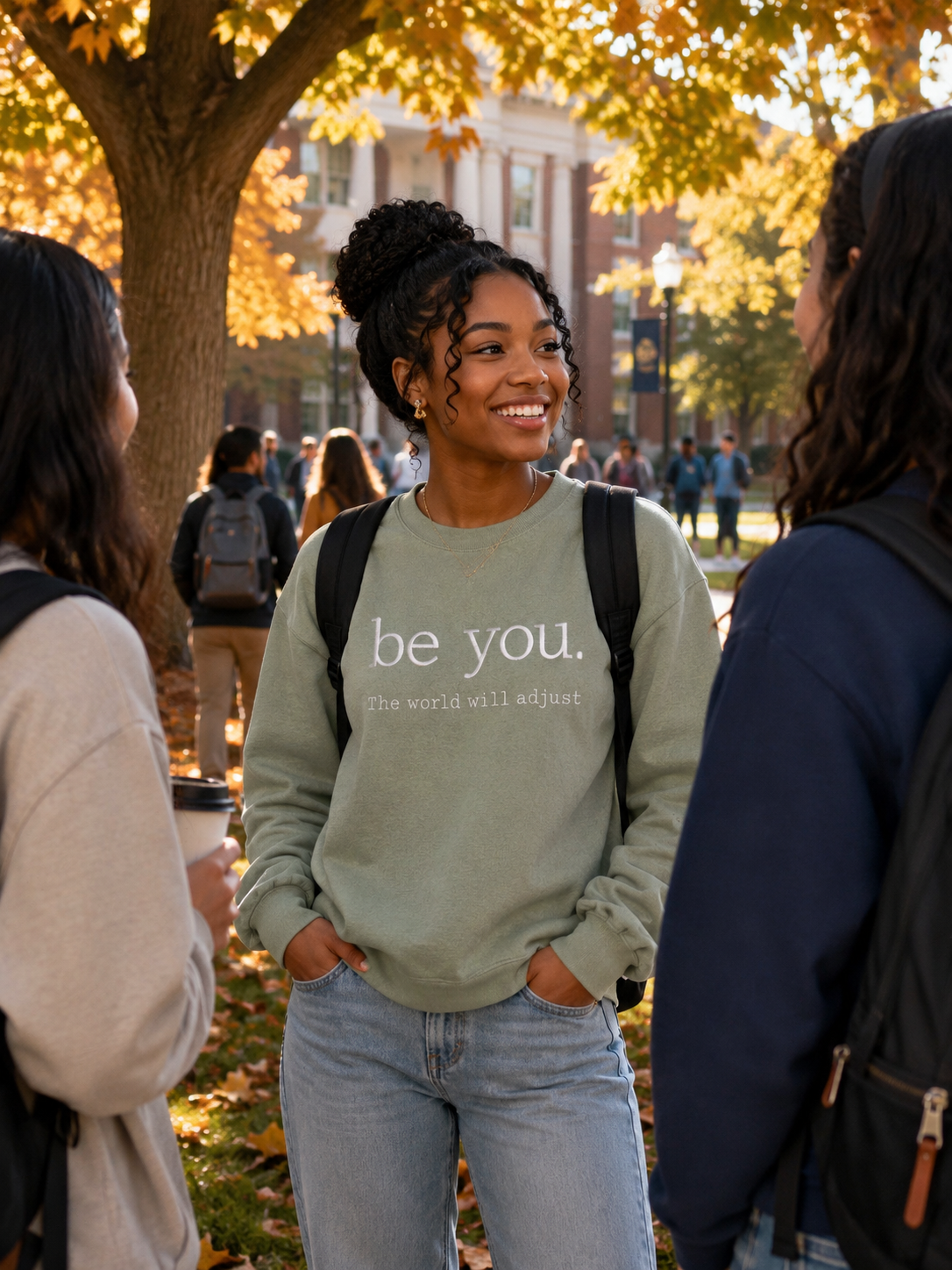 Young woman wearing sage green Be You sweatshirt on campus