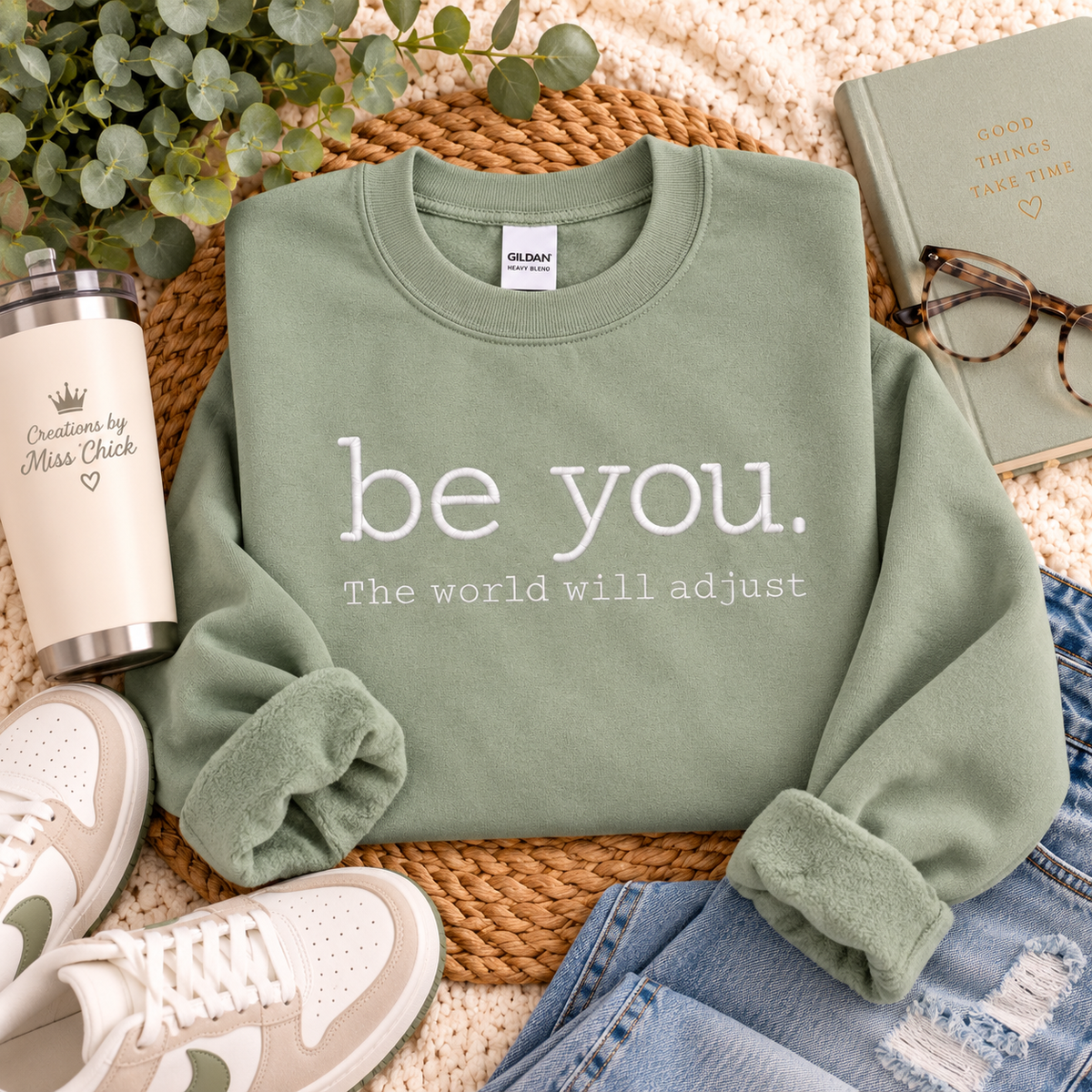 Sage green Be You sweatshirt flat lay