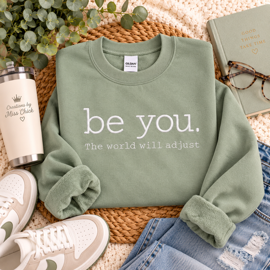 Sage green Be You sweatshirt flat lay