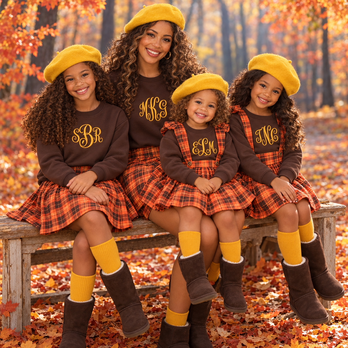 Family wearing coordinating brown sweatshirts with centered gold monograms; styling inspiration