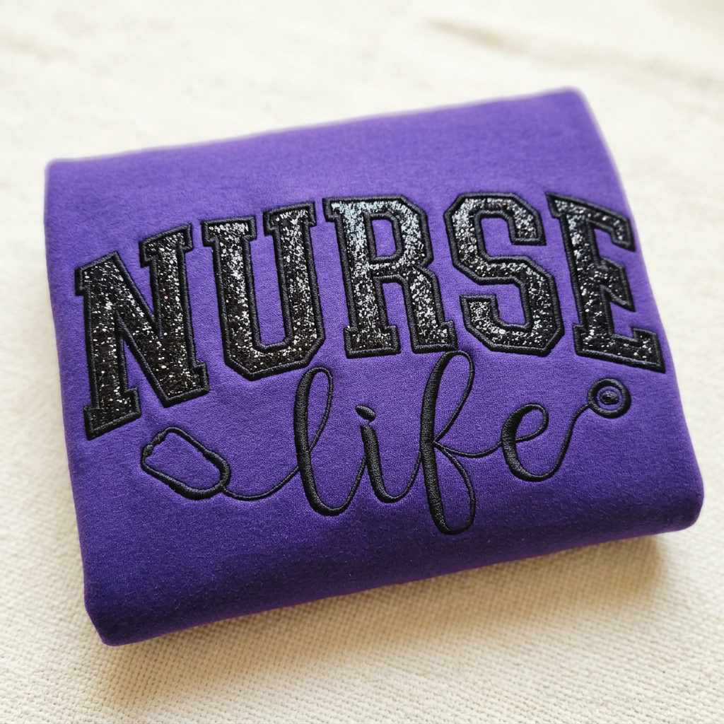 Purple Nurse Life sweatshirt with black glitter lettering and stethoscope embroidery detail
