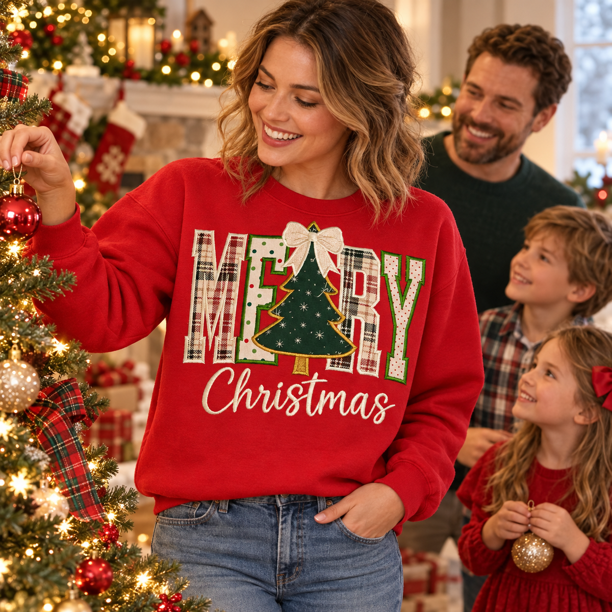 Mom decorating a Christmas tree wearing the red Merry Christmas applique sweatshirt
