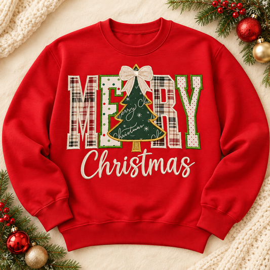 Red Merry Christmas applique sweatshirt festive flat lay