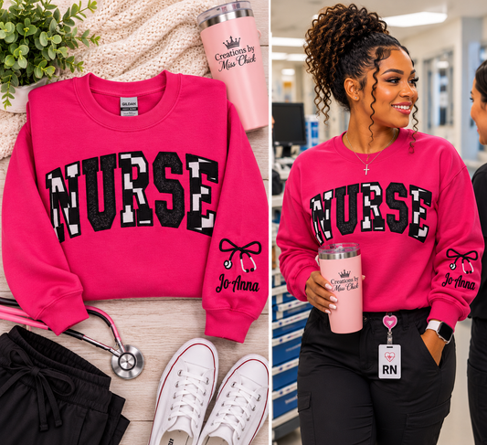 Personalized hot pink NURSE appliqué sweatshirt flat lay and modeled by nurse